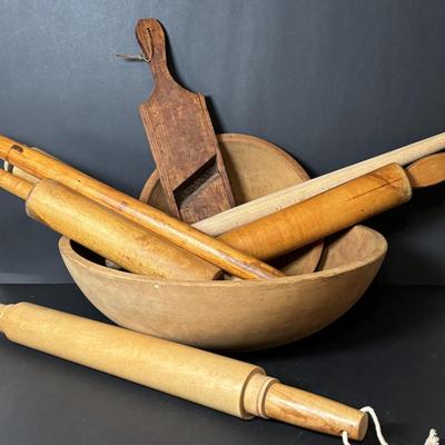 LOT 104: Vintage Rolling Pins, Primitive Vegetable/Cabbage Slicer and Wooden Bowl
