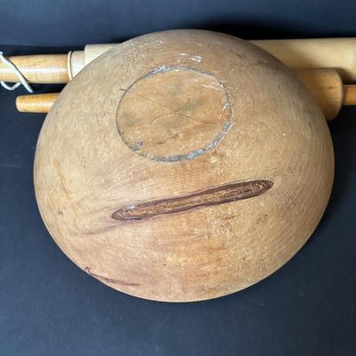 LOT 104: Vintage Rolling Pins, Primitive Vegetable/Cabbage Slicer and Wooden Bowl
