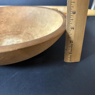 LOT 104: Vintage Rolling Pins, Primitive Vegetable/Cabbage Slicer and Wooden Bowl
