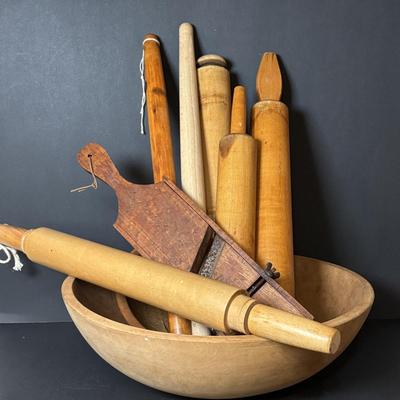 LOT 104: Vintage Rolling Pins, Primitive Vegetable/Cabbage Slicer and Wooden Bowl