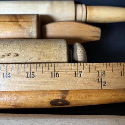 LOT 104: Vintage Rolling Pins, Primitive Vegetable/Cabbage Slicer and Wooden Bowl