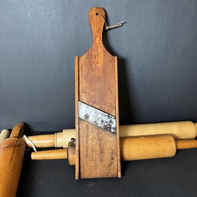 LOT 104: Vintage Rolling Pins, Primitive Vegetable/Cabbage Slicer and Wooden Bowl