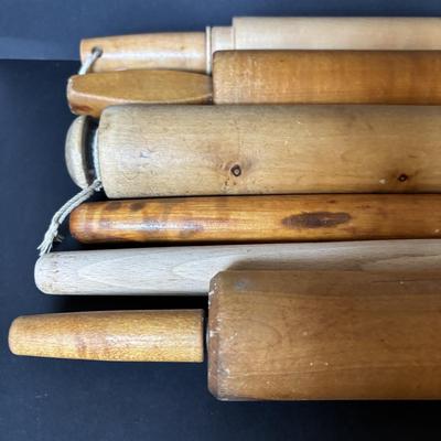 LOT 104: Vintage Rolling Pins, Primitive Vegetable/Cabbage Slicer and Wooden Bowl