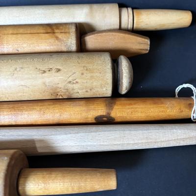 LOT 104: Vintage Rolling Pins, Primitive Vegetable/Cabbage Slicer and Wooden Bowl
