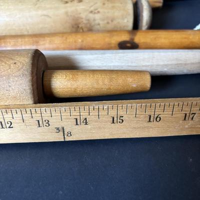 LOT 104: Vintage Rolling Pins, Primitive Vegetable/Cabbage Slicer and Wooden Bowl
