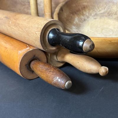 LOT 105: Vintage/Primitive Wooden Bowls (3), Rolling Pins (3), Wooden Pestle (2)