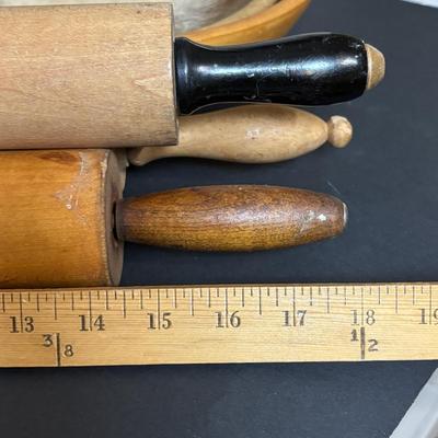 LOT 105: Vintage/Primitive Wooden Bowls (3), Rolling Pins (3), Wooden Pestle (2)