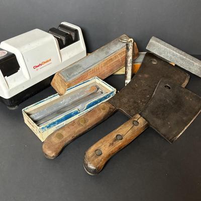 LOT 106: Vintage Meat Clevers, Sharpening Stones and Chef's Choice Electric Sharpener