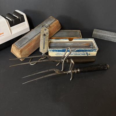 LOT 106: Vintage Meat Clevers, Sharpening Stones and Chef's Choice Electric Sharpener