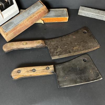 LOT 106: Vintage Meat Clevers, Sharpening Stones and Chef's Choice Electric Sharpener