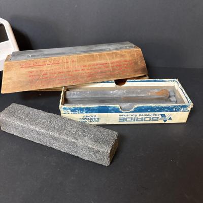 LOT 106: Vintage Meat Clevers, Sharpening Stones and Chef's Choice Electric Sharpener