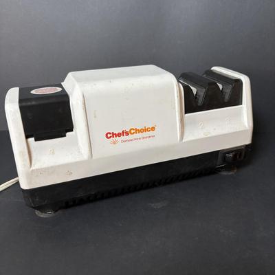 LOT 106: Vintage Meat Clevers, Sharpening Stones and Chef's Choice Electric Sharpener