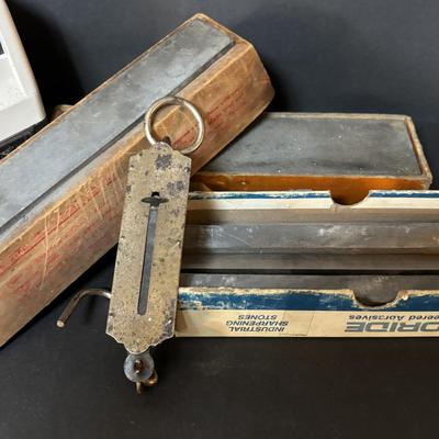 LOT 106: Vintage Meat Clevers, Sharpening Stones and Chef's Choice Electric Sharpener
