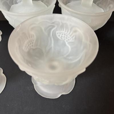 LOT 108: Vintage Princess House Fantasia Footed Hot Beverage Mugs (6) and Frosted Avon Floral Footed Sherbert Cups/Bowls (10)