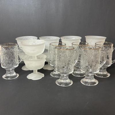 LOT 108: Vintage Princess House Fantasia Footed Hot Beverage Mugs (6) and Frosted Avon Floral Footed Sherbert Cups/Bowls (10)