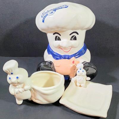 LOT 109: Vintage Entenmann's Exclusive Ceramic Baker Piggy Bank & Pillsbury Doughboy 1988 Ceramic Planter/Scrubber Holder With...