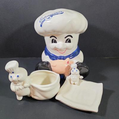 LOT 109: Vintage Entenmann's Exclusive Ceramic Baker Piggy Bank & Pillsbury Doughboy 1988 Ceramic Planter/Scrubber Holder With...
