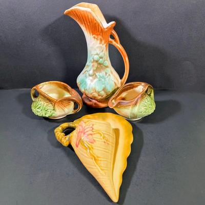 LOT 110: Vintage Pottery Collection, Hull Woodland Wall Pocket, McCoy Daisy Pattern Creamer & Open Sugar Bowl, Along W/A Lovely McCoy...