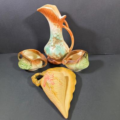 LOT 110: Vintage Pottery Collection, Hull Woodland Wall Pocket, McCoy Daisy Pattern Creamer & Open Sugar Bowl, Along W/A Lovely McCoy...