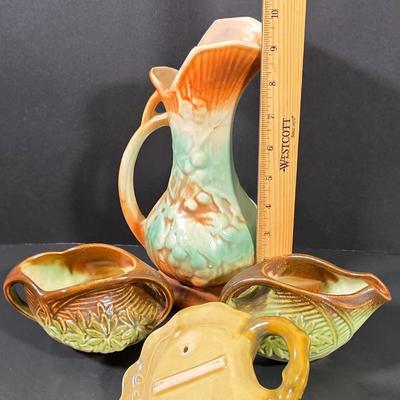 LOT 110: Vintage Pottery Collection, Hull Woodland Wall Pocket, McCoy Daisy Pattern Creamer & Open Sugar Bowl, Along W/A Lovely McCoy...