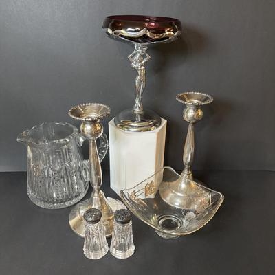 LOT 111: Vintage Compote Farber Bros Krome Kraft Stem w/ Amethyst Glass Insert, Silver Plated Candlestick Holders, Crystal/Silver Plated...