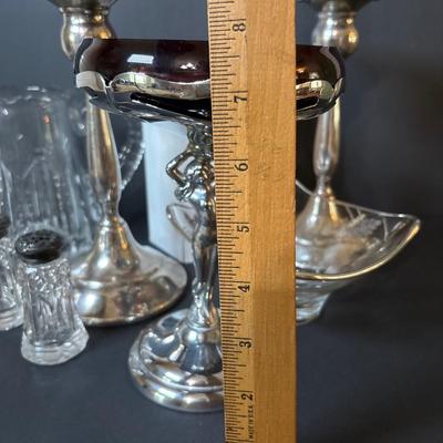 LOT 111: Vintage Compote Farber Bros Krome Kraft Stem w/ Amethyst Glass Insert, Silver Plated Candlestick Holders, Crystal/Silver Plated...