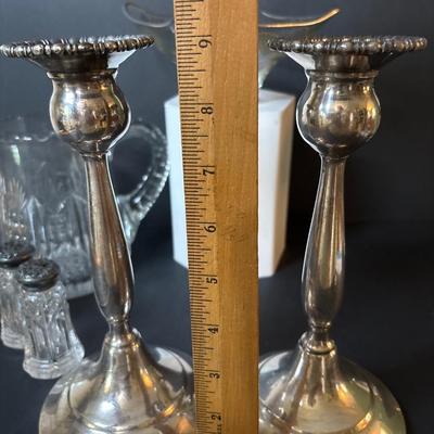 LOT 111: Vintage Compote Farber Bros Krome Kraft Stem w/ Amethyst Glass Insert, Silver Plated Candlestick Holders, Crystal/Silver Plated...