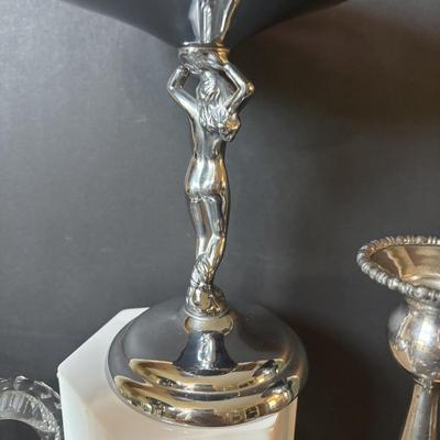 LOT 111: Vintage Compote Farber Bros Krome Kraft Stem w/ Amethyst Glass Insert, Silver Plated Candlestick Holders, Crystal/Silver Plated...