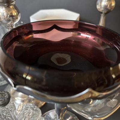 LOT 111: Vintage Compote Farber Bros Krome Kraft Stem w/ Amethyst Glass Insert, Silver Plated Candlestick Holders, Crystal/Silver Plated...