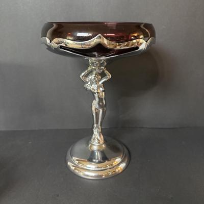 LOT 111: Vintage Compote Farber Bros Krome Kraft Stem w/ Amethyst Glass Insert, Silver Plated Candlestick Holders, Crystal/Silver Plated...