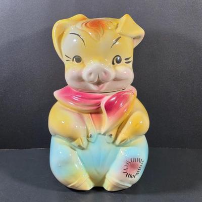 LOT 112: Vintage American Bisque Farmer Pig Cookie Jar