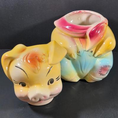 LOT 112: Vintage American Bisque Farmer Pig Cookie Jar