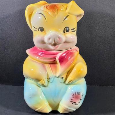 LOT 112: Vintage American Bisque Farmer Pig Cookie Jar