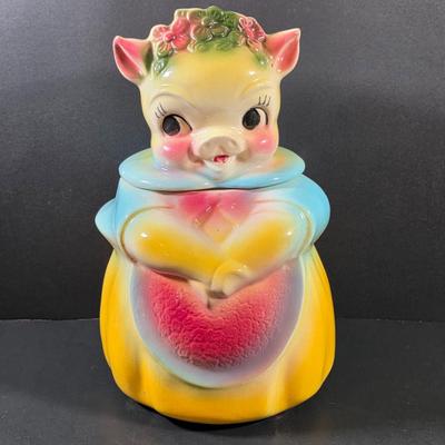 LOT 113: Vintage American Bisque Girl Pig Cookie Jar