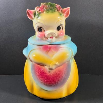 LOT 113: Vintage American Bisque Girl Pig Cookie Jar