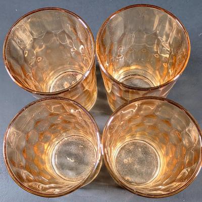 LOT 114: 3 Vintage Federal Glass Juice Tumblers With A Red Poppy Boscul Peanut Butter Glass & 4 Vintage Marigold Carnival Honeycomb...