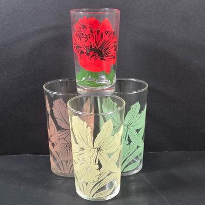 LOT 114: 3 Vintage Federal Glass Juice Tumblers With A Red Poppy Boscul Peanut Butter Glass & 4 Vintage Marigold Carnival Honeycomb...