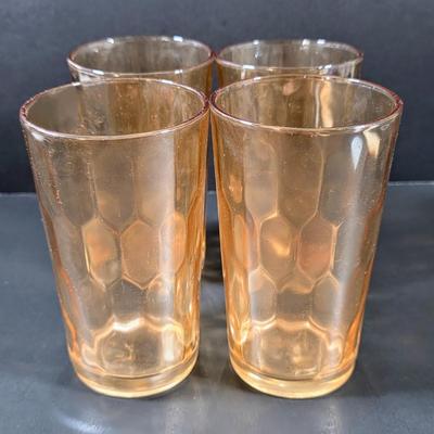 LOT 114: 3 Vintage Federal Glass Juice Tumblers With A Red Poppy Boscul Peanut Butter Glass & 4 Vintage Marigold Carnival Honeycomb...