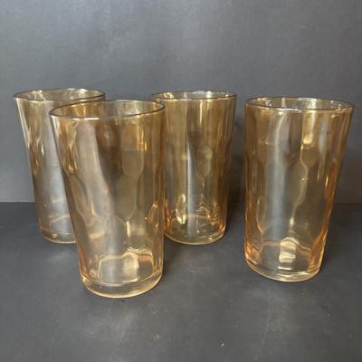 LOT 114: 3 Vintage Federal Glass Juice Tumblers With A Red Poppy Boscul Peanut Butter Glass & 4 Vintage Marigold Carnival Honeycomb...