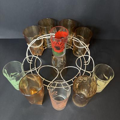 LOT 114: 3 Vintage Federal Glass Juice Tumblers With A Red Poppy Boscul Peanut Butter Glass & 4 Vintage Marigold Carnival Honeycomb...