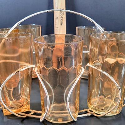 LOT 114: 3 Vintage Federal Glass Juice Tumblers With A Red Poppy Boscul Peanut Butter Glass & 4 Vintage Marigold Carnival Honeycomb...