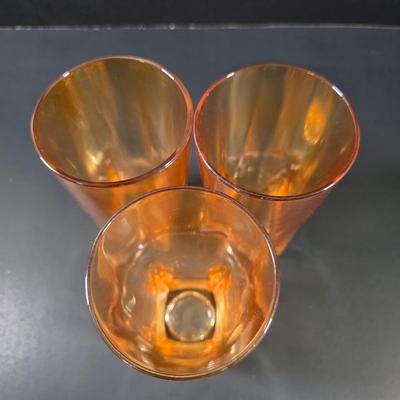 LOT 114: 3 Vintage Federal Glass Juice Tumblers With A Red Poppy Boscul Peanut Butter Glass & 4 Vintage Marigold Carnival Honeycomb...