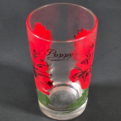 LOT 114: 3 Vintage Federal Glass Juice Tumblers With A Red Poppy Boscul Peanut Butter Glass & 4 Vintage Marigold Carnival Honeycomb...