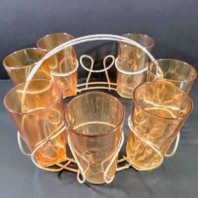 LOT 114: 3 Vintage Federal Glass Juice Tumblers With A Red Poppy Boscul Peanut Butter Glass & 4 Vintage Marigold Carnival Honeycomb...
