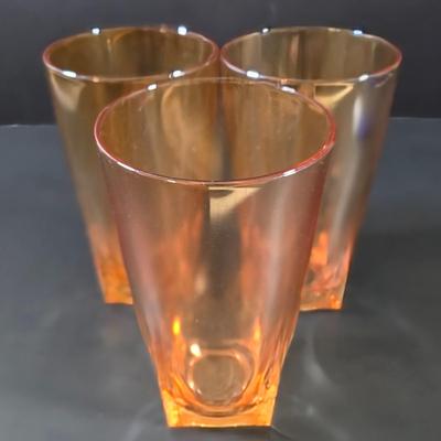 LOT 114: 3 Vintage Federal Glass Juice Tumblers With A Red Poppy Boscul Peanut Butter Glass & 4 Vintage Marigold Carnival Honeycomb...
