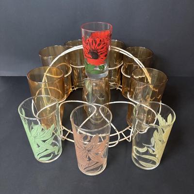 LOT 114: 3 Vintage Federal Glass Juice Tumblers With A Red Poppy Boscul Peanut Butter Glass & 4 Vintage Marigold Carnival Honeycomb...