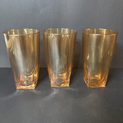 LOT 114: 3 Vintage Federal Glass Juice Tumblers With A Red Poppy Boscul Peanut Butter Glass & 4 Vintage Marigold Carnival Honeycomb...