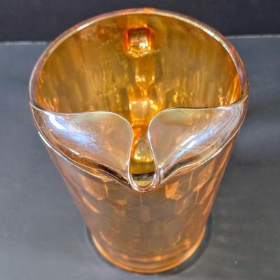 LOT 115: Vintage Jeannette Marigold Carnival Honeycomb Glass Pitcher With 4 Ribbed Tall Drinking Glasses