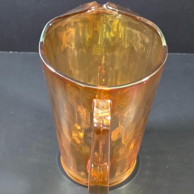 LOT 115: Vintage Jeannette Marigold Carnival Honeycomb Glass Pitcher With 4 Ribbed Tall Drinking Glasses