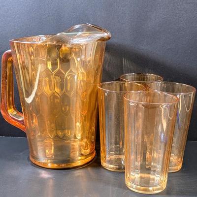LOT 115: Vintage Jeannette Marigold Carnival Honeycomb Glass Pitcher With 4 Ribbed Tall Drinking Glasses